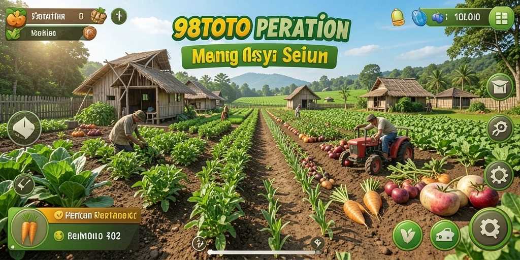 Gambar gameplay <strong>98TOTO</strong> menampilkan ladang subur dengan berbagai tanaman yang tumbuh.