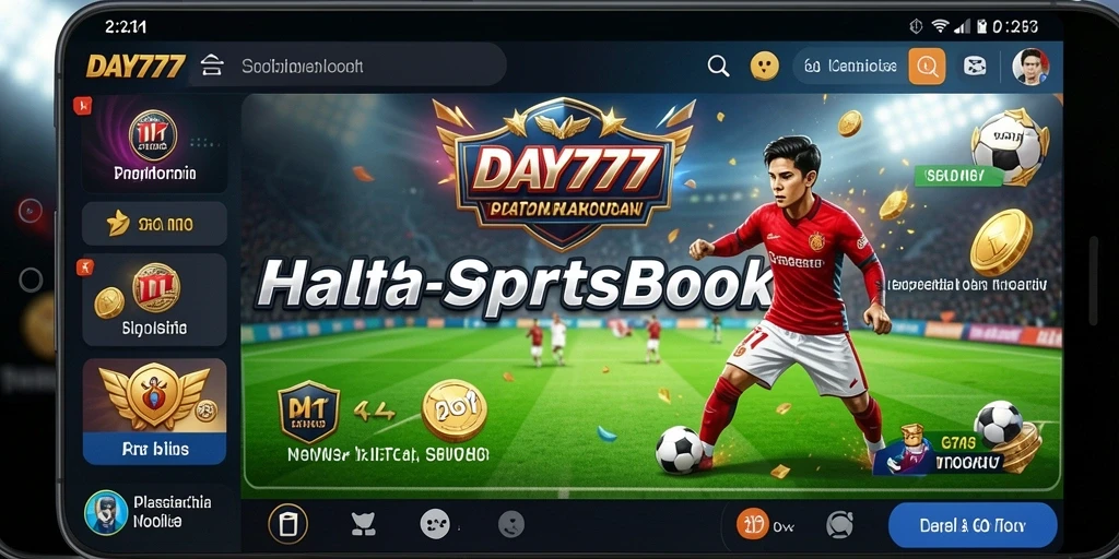 Tampilan utama aplikasi DAY777 dengan aksi taruhan Sportsbook.