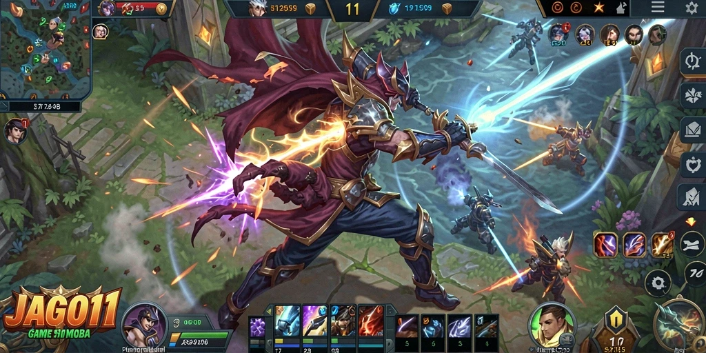 Screenshot utama JAGO11 menampilkan aksi seru dalam pertempuran MOBA.