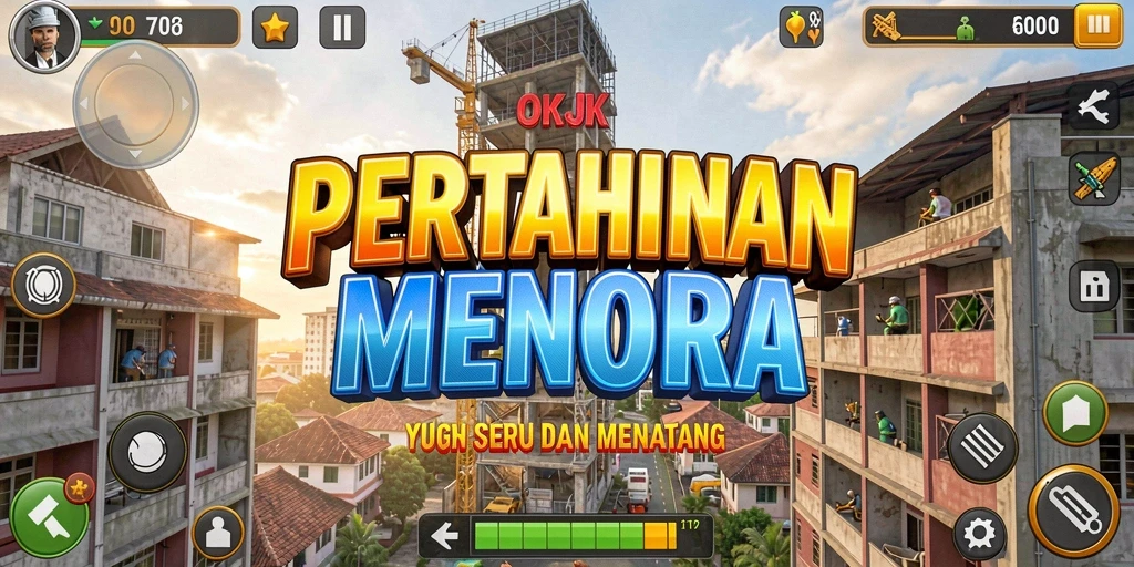 Screenshot OKJK menampilkan aksi menara pertahanan yang intens dalam menangkis serangan musuh.