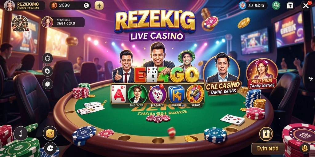 Screenshot gameplay REZEKIGO yang menampilkan dealer langsung dan suasana kasino.