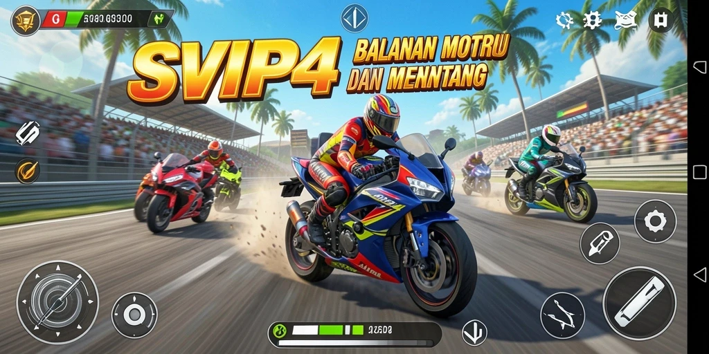 Screenshot gameplay SVIP4 menampilkan aksi balapan motor yang mendebarkan.