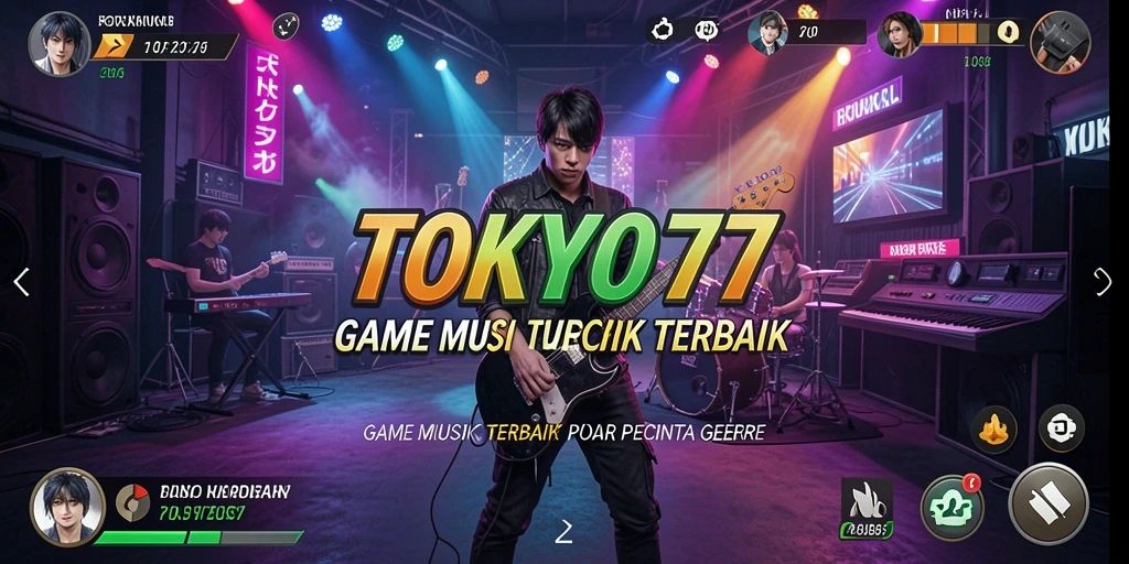 Tangkapan layar utama TOKYO77 menampilkan gameplay seru dengan berbagai pilihan lagu.