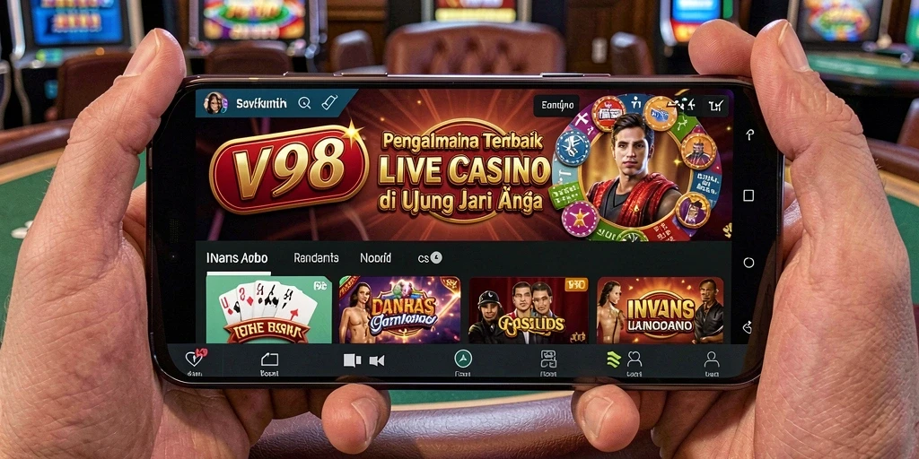 Screenshot V98 menampilkan dealer langsung dan gameplay Live Casino yang menarik.