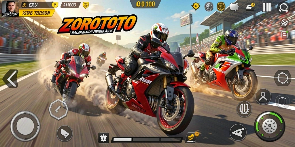 Tampilan seru gameplay ZOROTOTO dengan balapan motor yang penuh aksi.